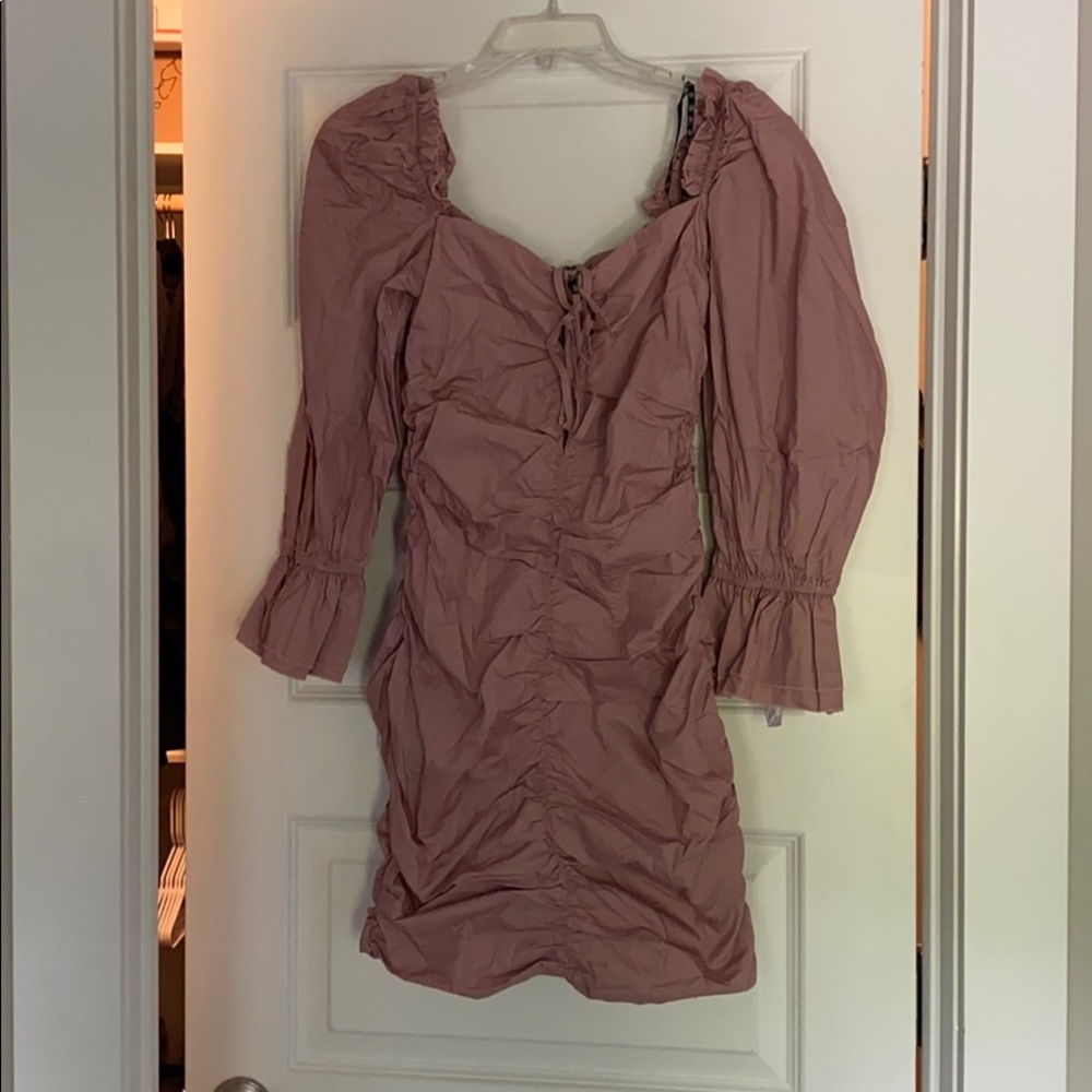 NWT Puff sleeve rouged lace up mini dress